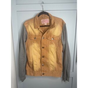 Brooklyn Cloth Mens Denim Jacket with Knit‎ Sleeves Trucker Style Tan Size M